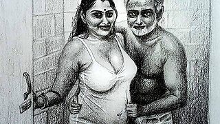 Erotic Art Or Drawing Sexy Desi Indian Woman inside Bathroom with Father In Law