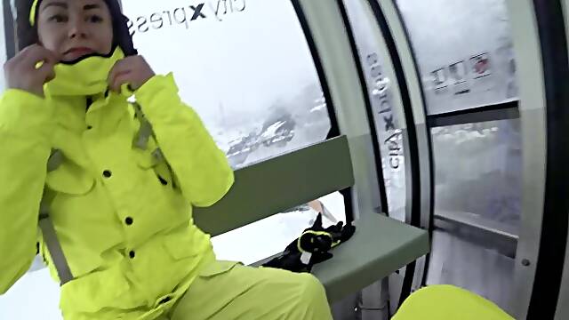4K Public cumshot on mouth in ski lift Part 2