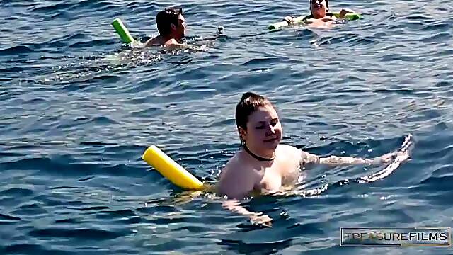 Horny BBW masturbates on boat in front of group