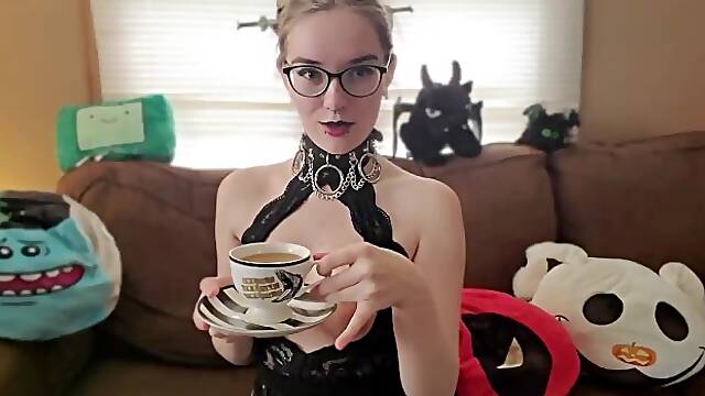 Goth Girl JoI while sipping a cup of tea and smoking - IzzyHellbourne