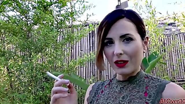 Hairy MILF Helena Price Smoking Outdoors on AllOver30