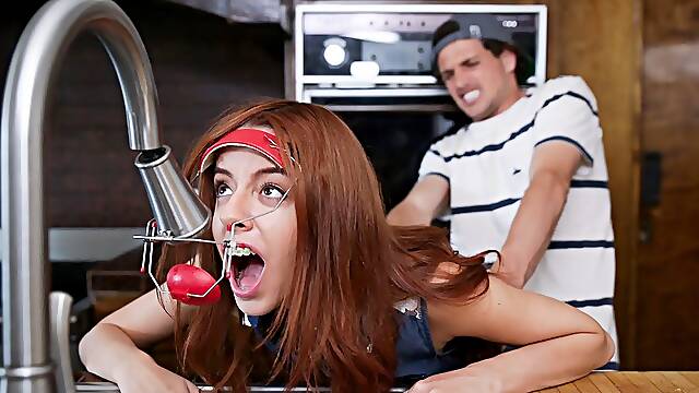 Skinny Teen With Headgear And Braces Stuck On Faucet Fucked