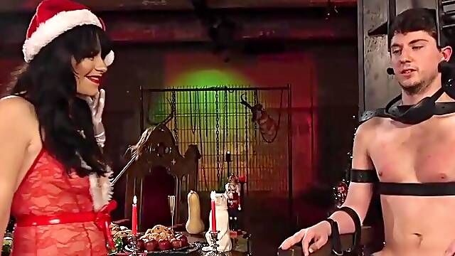 Siouxsie Q Christmas Femdom Electro CBT Rope Suspension And Strapon On Grayson