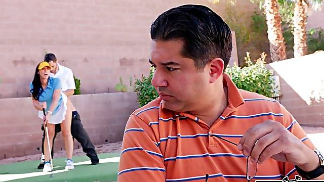 Gorgeous long-legged brunette Rachel Starr fucks with a golf player