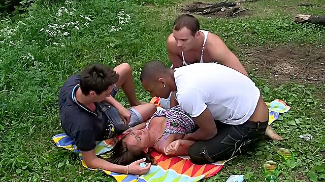 July in gang bang sex porn video filmed in the outdoors