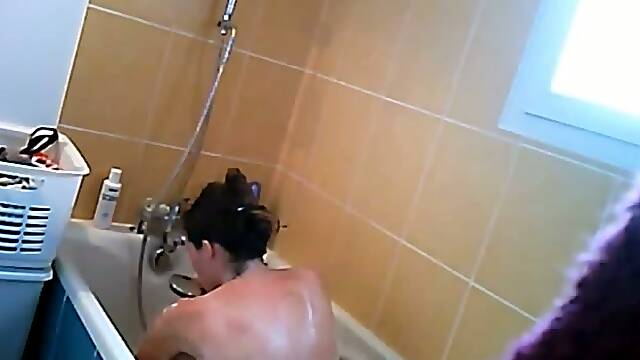 Spy cam video of my own horn-mad pale brunette GF washing her hair