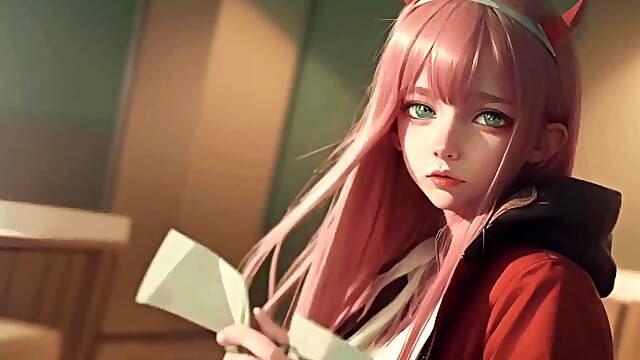 Ai generated video. Cute and sweet girl from anime Zero two is teasing you