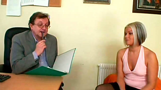 Charming blondie Michaela seduces old ugly man to be teased right in the office