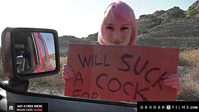 Trans hitchhiker with flat tits Claire Tenebrarum sucks cock for a ride