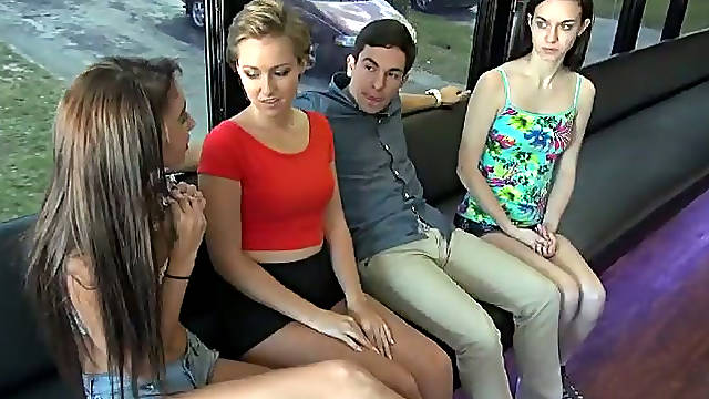 Freaky dude is going to fuck three lesbian chicks in a train
