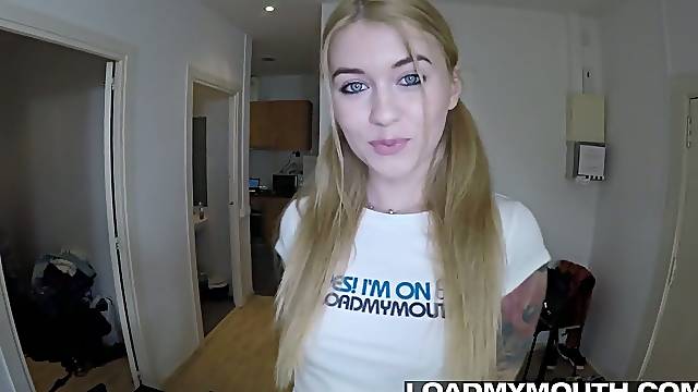Blue eyed blonde Misha Cross gets a mouthful of cum after steamy  pov blowjob