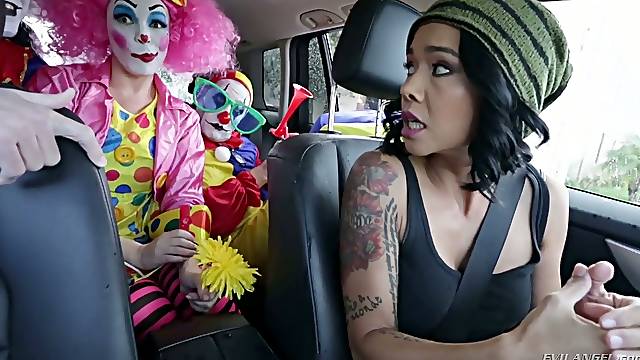 Three crazy clowns fuck sex-appeal tattooed hottie Dana Vespoli