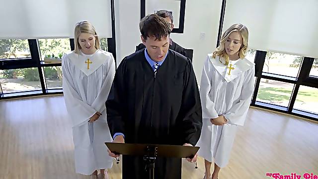 Sinful babe Haley Reed goes wild on a hard pole in front of priest