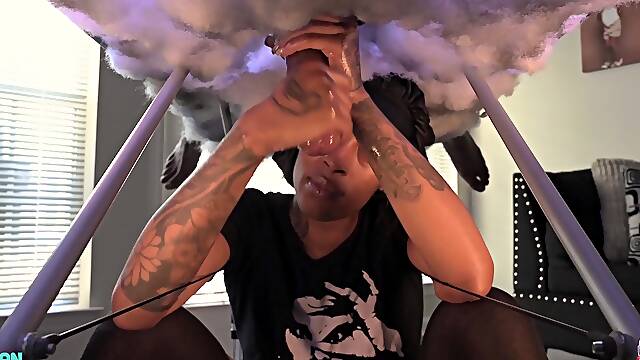 Hot blonde strokes and sucks black cock in glory hole