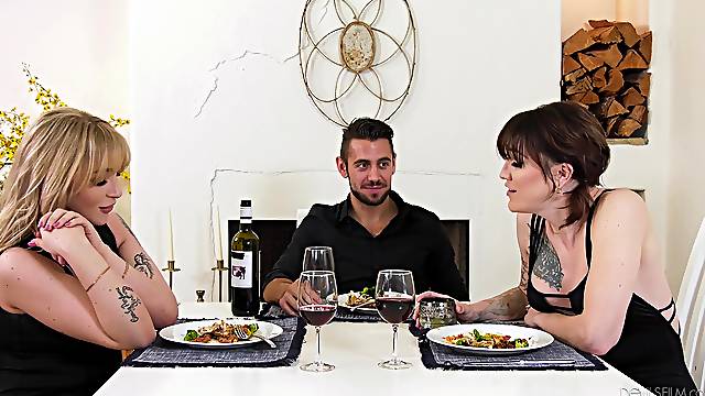 Romantic dinner with two mistresses lead to some hot threesome