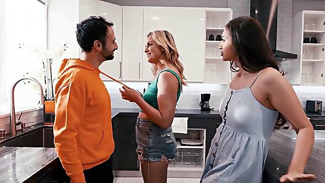 Brunette Bella Rolland Crashes Kitchen to Break Up Steamy Lesbian Makeout Between Blonde Charlie Forde and Jacob Cold