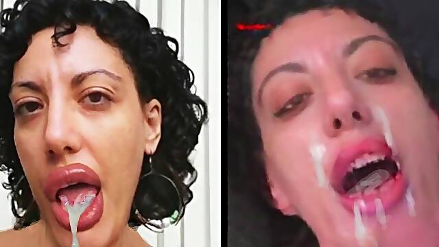 Cumming on my wifes face—I covered her big lips with semen.