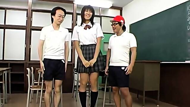 Tall Japanese schoolgirl brings her fantasies to fruition