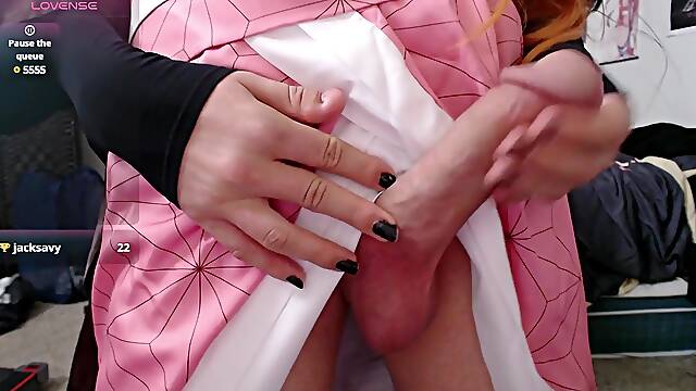 Nezuko Femboy toying with hard-on close up