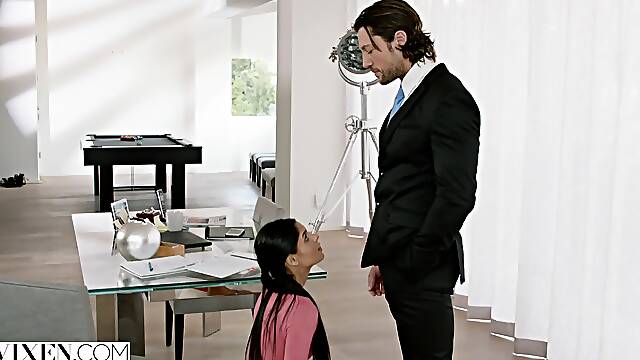 Caught slacking off, a naughty intern begs her boss for punishment. Watch as she gets spanked, rides and sucks him passionately, and squirts from intense orgasms. Vixen-boss play at its finest!