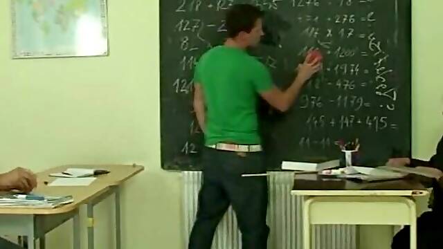 Nasty old teacher is nailed by two fresh students