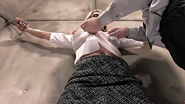 Hogtied blond machine fucked by doctor