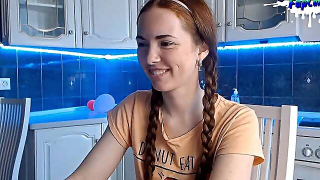 Redhead Teen with ponytails and freckles naked on webcam