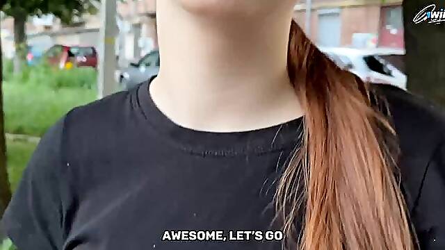 Cute teen with glasses gives inexperienced suck off and swallows jism in public - ukrainian slut!!