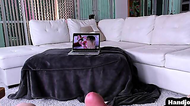 Teen GF gives sloppy handjobs to her BF while talking dirty