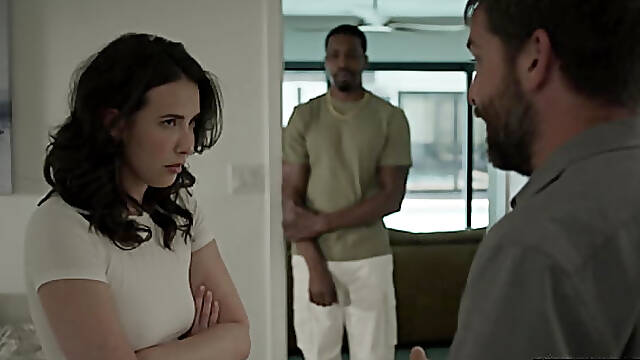 Lonely brunette housewife gets a big black surprise from her cuckold husband