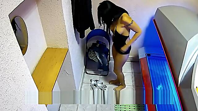 Perfect hot horny milf in the real public solarium Big tits