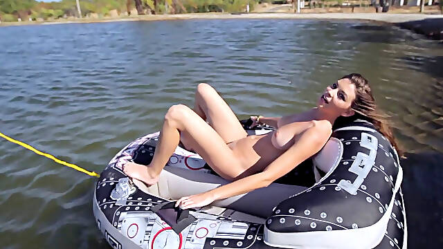 Super sexy playmates go naked water gliding in a boat