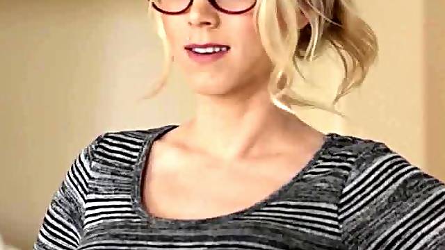 Slut with glasses and sexy natural tits is taking care of a dude with a hard on