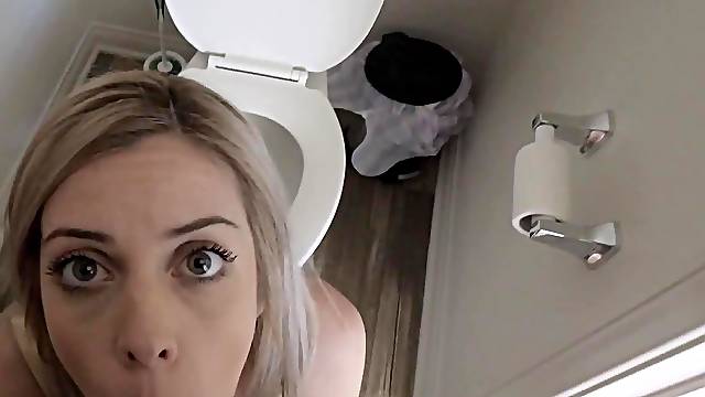 Breasty golden-haired doxy takes anal pounding on latrine