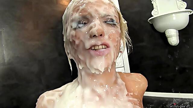 Lewd Gina gets all her face covered with semen