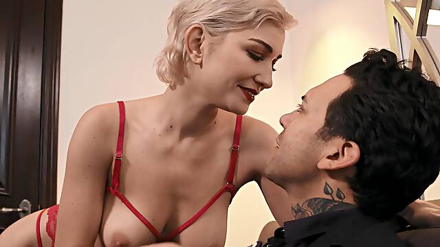 Tattooed man drops his suit and fucks hot blonde model Skye Blue