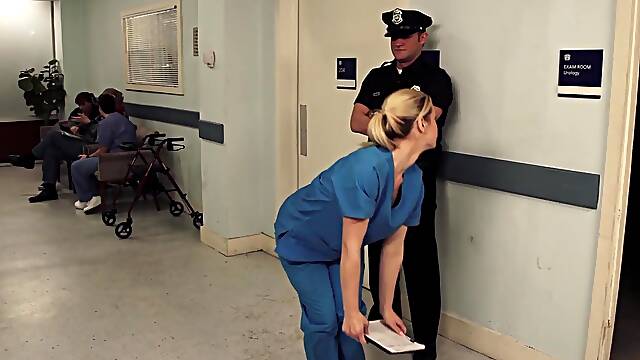 Nurse Tara Lynn Fox drops on her knees to give a sloppy blowjob