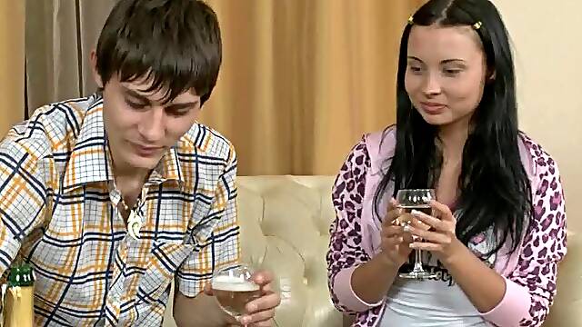 Slutty brunette teen drinks alcohol and sucks a cock