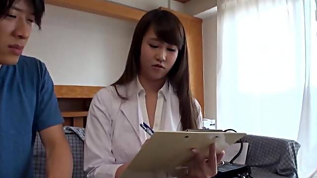 Clothed sex in missionary with a horny Japanese nurse with natural tits