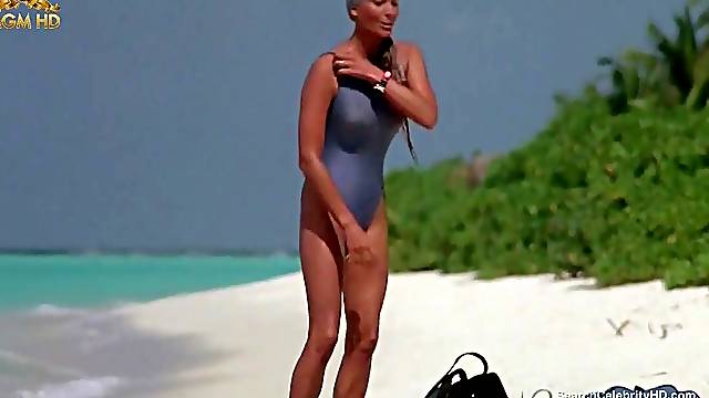 Gorgeous bo derek showing off her unshaved snatch at the beach
