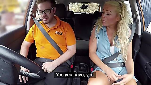 Golden-haired British mother Id like to fuck with Large Melons gives World Class Tit Jerk off - Fake Driving School