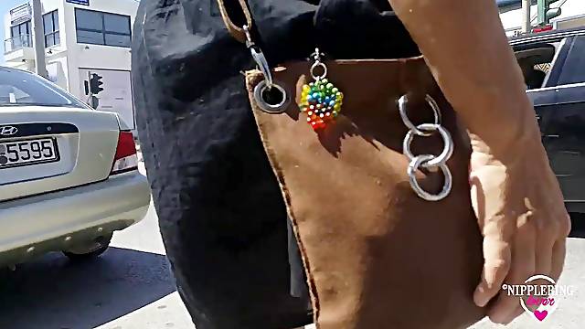 Nippleringlover going shopping flashing pierced twat outdoors on public stores and crowded streets