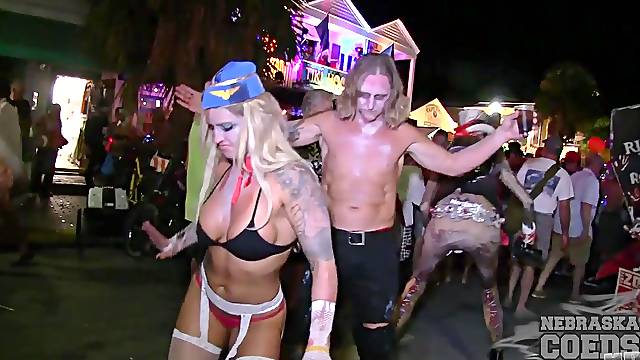 Halloween street party play with lots of naked hotties