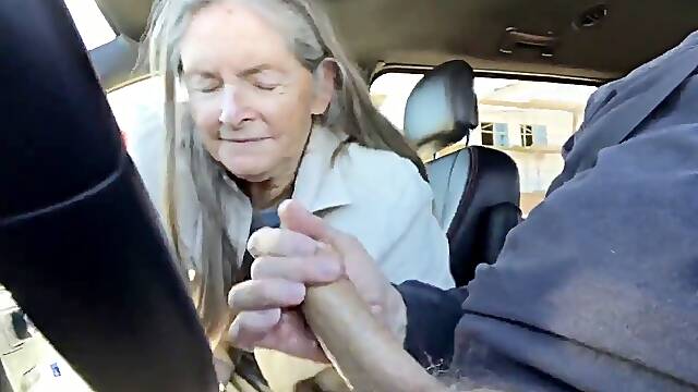 Grandma deepthroats in the car