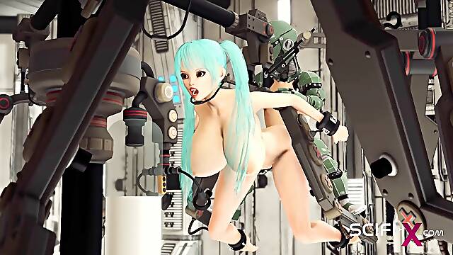 Sex in a spaceship. Space huge-titted doll in cuffs gets fucked hard by fucky-fucky robot in the lab