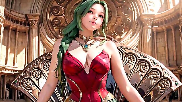 Green queen Beach Soliloquy! What swimsuit hides under that red gold armor?