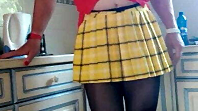Mini pleated skirt and my clit sticking out
