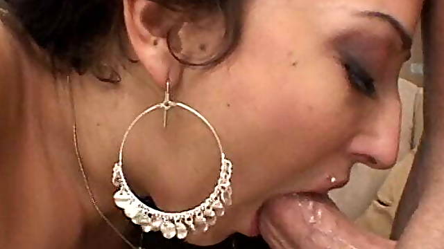 Sexy anal brunette with hoop earrings takes on two cocks in ass and pussy