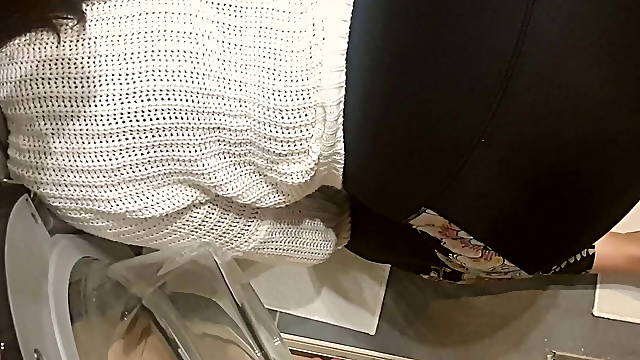 RUSSIAN STEPMOM stuck in washing machine, fucked with beer bottle, fingered, fucked and finished in mouth.