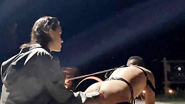 Teen Girl Hardcore Straps On Guy with Huge Dildo with moans on a leash Public Outdoors, Pegging